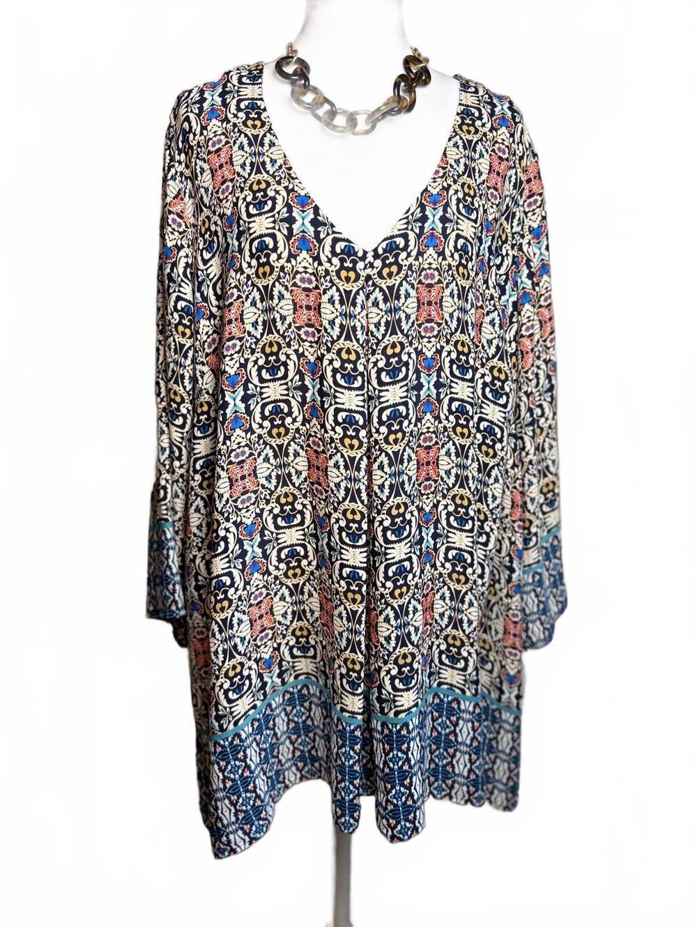 Rose & Olive Blue, Red & Gold Abstract Floral Blouse 2X